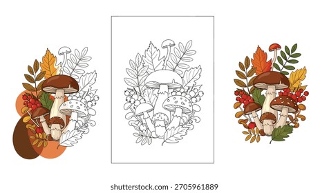 Set of three autumn compositions with forest mushrooms and leaves shown in full color outline for coloring and modern styles.