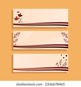 Set three autumn horizontal banners. Vector illustration. Background with Falling leaves and lines. Copy space for text. Design for website header, landing page, banner, poster, cover, social post.