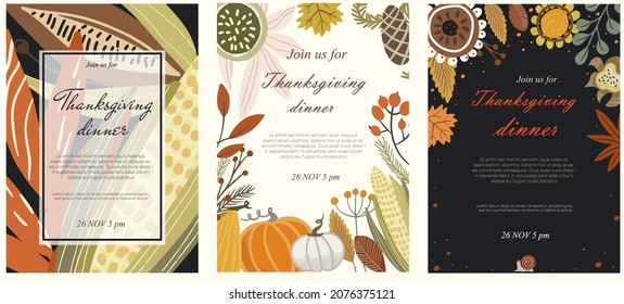 Set of three autumn invitation cards, abstract illustration with plant elements and flowers, Thanksgiving.