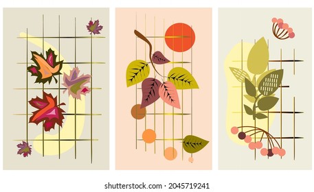 A set of three autumn patterns with leaves and a rectangular grid. Vector illustration for postcard, cover, wall decor design