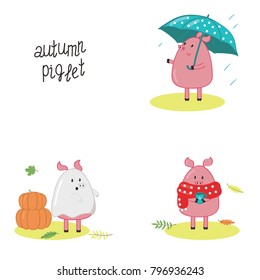Set of three autumn piglet gift cards with a little cute piglet walking in the rain under umbrella, wearing a Halloween costume, drinking hot coffee. Vector illustrations on a white background.