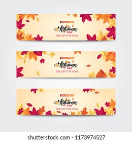 Set of three autumn sale banner with leaves. For shopping promo web banner.