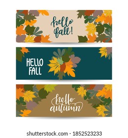 Set of three autumn sale banner with leaves in the frame. For shopping promo web banner.