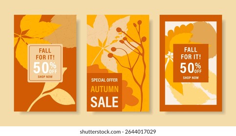 Set of three autumn sale banners with fall leaves and berries. Special offer announcement for seasonal business promotion and marketing. Vector