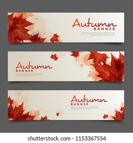 Set of Three Autumn/Fall Banner Template with Maroon Falling leaves 