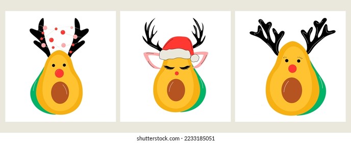 Set of three Avocado with Christmas accessories. Santa hat, deer horns.