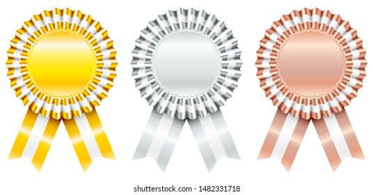 Set Of Three Award Badges Gold Silver Bronze With Striped Ribbon
