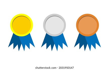 Set of three award medals - gold, silver, bronze. Winner medal with blue ribbon icon. Championship award. Achievement, victory concept. Vector illustration. Flat design vector illustration.