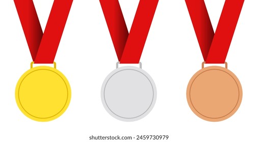 Set of three award medals in gold, silver, bronze on isolated on transparent background with red ribbons, flat design