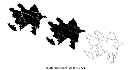 Conjunto de tres siluetas de mapa de Azerbaiyán en negro y estilo de contorno con regiones.