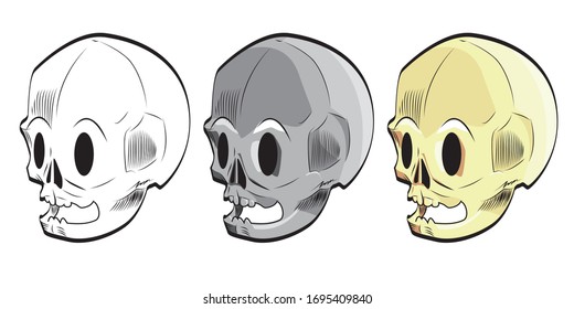 Set of three baby skulls with line, gray and color isolated on white