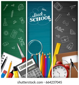 Set of three Back to school background with stationery and school supplies