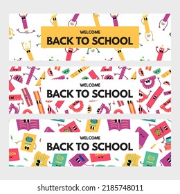 Set of three Back to school banner, Handdrawn Doodle Fun and Colorful Stationery, Pencil , Ruler, book and notebook with eyes on white background
