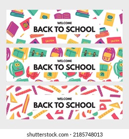 Set of three Back to school banner, Fun and Colorful Stationery, Pencil , Ruler,book and notebook background