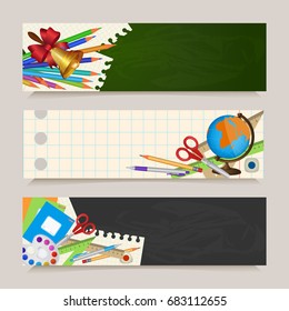 Set of three back to school banners with student items on notebook page and blackboard background, cartoon vector illustration. Set of horizontal back to school banners with student items