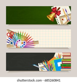 Set of three back to school banners with student items on notebook page and blackboard background, cartoon vector illustration. Set of horizontal back to school banners with student items