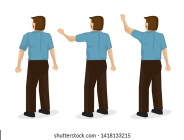 Set of three of a back view of a man in blue waving. Flat isolated vector illustration;