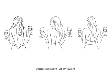 Set of Three Back View Women Holding Two Wine Glasses – Minimalist Female Silhouettes for Logo, Wall Art and Branding
