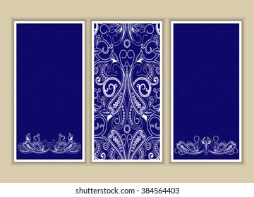 Set of three background with paisley ornament. Blue and white pattern. Template for design, wedding invitation. Ornate cards in Victorian style. Eastern floral decor. Vector illustration