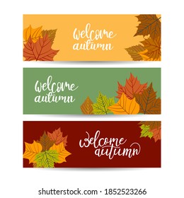 Conjunto de tres fondos con hojas de otoño y lugar para el texto. Diseño de pancartas para pancartas o afiches de la temporada de otoño. Ilustración del vector