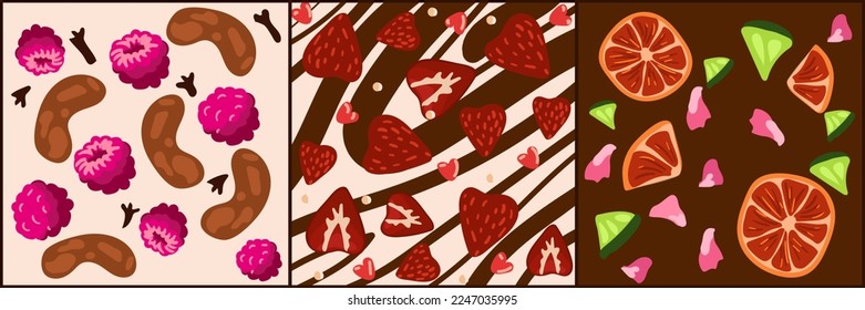 A set of three backgrounds of decorative chocolate for Valentine's Day for lovers. Chocolate backgrounds with berries, fruits, nuts. White and dark chocolate with additives. To print banners