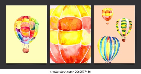 Set of three backgrounds with hand painted watercolor aerostats. Vibrant collection. Vector.
