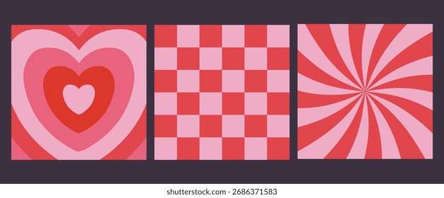 Set of three backgrounds, square cards, dark backdrops, decorations. Valentine's Day vector illustration. Pink red checkerboard,