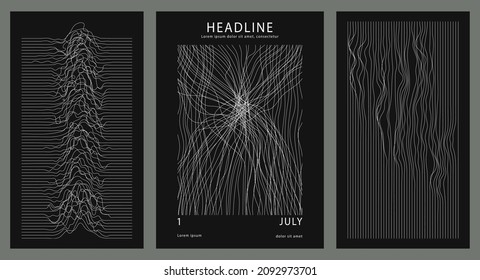 Set of three backgrounds for typography, decor design, business, covers. Illustration with threads, curls, distorted lines. Abstract poster with light patterns on a black background.