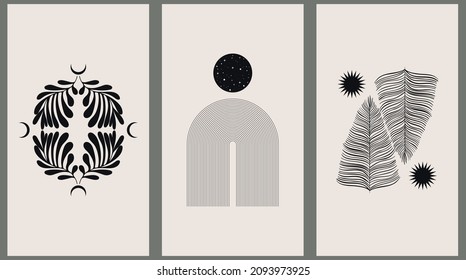 Set of three backgrounds for typography, decor design, covers. Vintage stylish illustration in boho style with arch, sun, lines, plant, crescent. Black geometric shapes on beige.