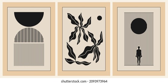 Set of three backgrounds for typography, decor design, covers. Vintage stylish illustration in boho style with human body, sun, semicircle, lines, stripes, plant. Black geometric shapes on beige.