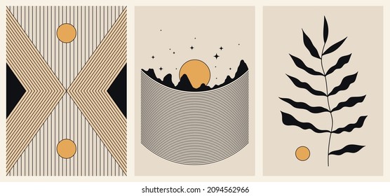 Set of three backgrounds for typography, decor design, covers. Vintage stylish illustration in boho style with stars, sun, lines, plant, stripes. Black and gold geometric shapes on beige.