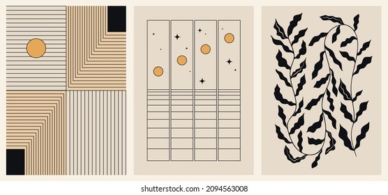 Conjunto de tres fondos para tipografía, diseño de decoración, cubiertas. Ilustración vintage de estilo boho con estrellas, sol, líneas, planta, rayas. Formas geométricas de color negro y oro sobre beige.