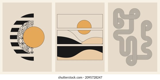 Set of three backgrounds for typography, decor design, covers. Vintage stylish illustration in boho style with arch, sun, lines, plant, stripes, pattern. Black and gold geometric shapes on beige.