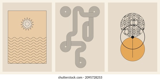 Set of three backgrounds for typography, decor design, covers. Vintage stylish illustration in boho style with arch, sun, lines, plant, stripes, pattern. Black and gold geometric shapes on beige.