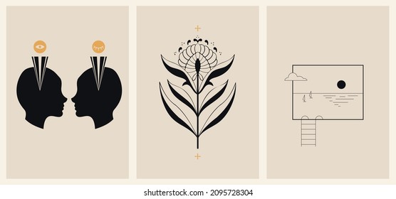 Set of three backgrounds for typography, decor design, covers. Vintage stylish illustration in boho style with sun, lines, plant, flower, clouds landscape. Black and gold geometric shapes on beige.