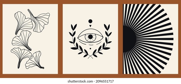 Set of three backgrounds for typography, decor design, covers. Vintage stylish illustration in boho style with sun, lines, plant, flower, eyes. Black and gold geometric shapes on beige.