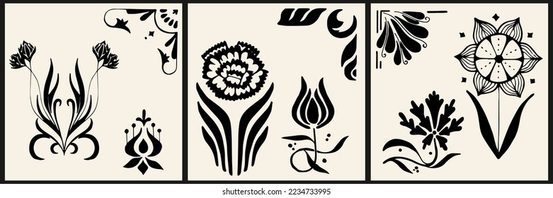 A set of three backgrounds for typography, decor, covers. Vintage stylish symmetrical illustration with flowers, patterns, lines. Black geometric shapes on beige.