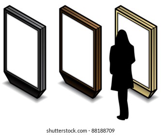 A set of three backlit advertising billboards in dark grey, bronze and beige ready for you to insert your own graphics. The silhouette figure is removable.