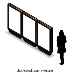 A set of three backlit advertising billboards in a row ready for you to insert your own graphics. The silhouette figure is removable.