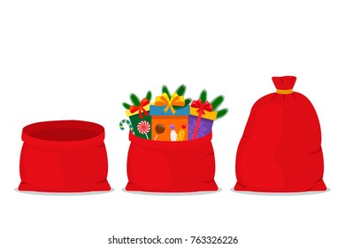 A set of three bags of Santa Claus - full, empty, open. vectorial flat Christmas illustration isolated on white background