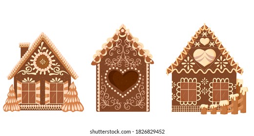 a set of three bakery houses. Christmas gingerbread. chocolate cookies in the form of houses with decorations. Christmas sweets and gifts. street of fairy houses