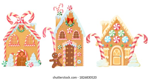 a set of three bakery houses. Christmas gingerbread. cookies in the form of houses with candy decorations. christmas sweets and gifts. striped lollipops. street of fairy houses