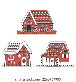 set of three bakery houses. Christmas gingerbread. cookies in the form of houses with candy decorations. christmas sweets and gifts. striped lollipops. street of fairy houses