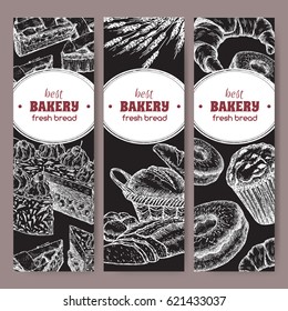 Set of three bakery label templates with cakes, pie, bread, croissant, muffin, doughnut on black background. Great for market, restaurant, cafe, food label design.