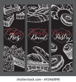 Set of three bakery label templates with hand lettering. Includes cakes, pie, bread, croissant, muffin, doughnut on black background. Great for market, restaurant, cafe, food label design.