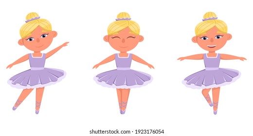 A set of three ballerinas in purple dresses. Ballerina with white hair gathered in a bun. Ballerinas isolated on white background.