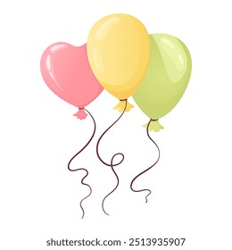 Set of three balloons, in flat vector style, isolated on a white background. Balloons for birthdays and other celebrations. Festive decorations in the form of balls