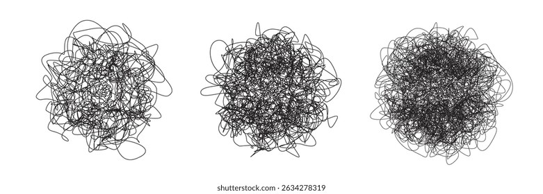 Conjunto de três bolas de caos de fios pretos no saco branco com textura de laço. Ink rabisca. Ilustração vetorial