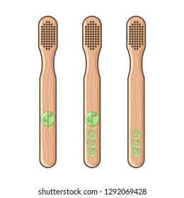 A set of three bamboo toothbrushes with different emblems on the handle. Isolated vector illustration on white background