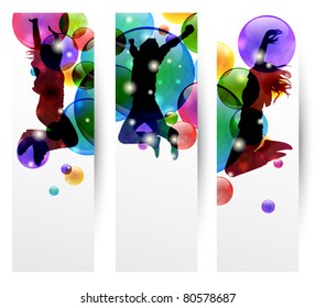 Set of three banner with happy jumping people